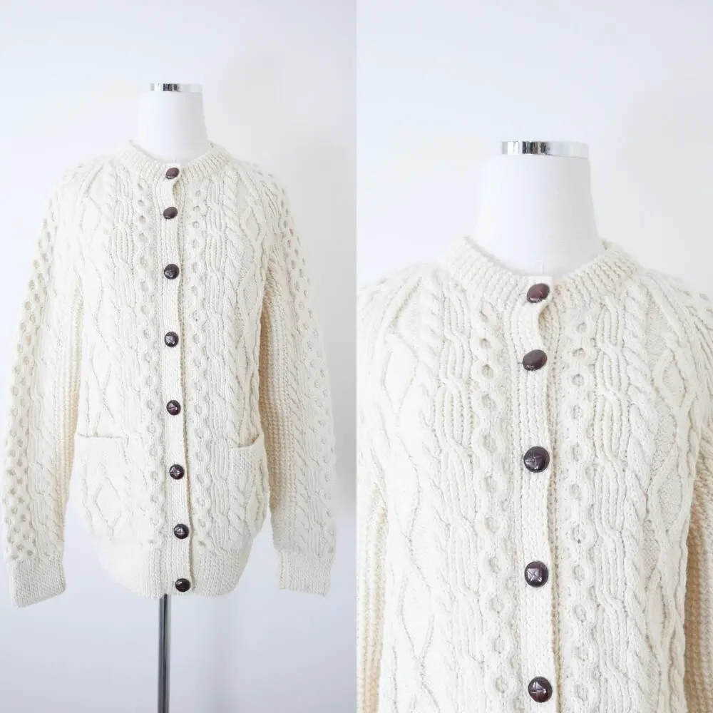 Vintage Handknit Cable Hand Knit Cardigan Sweater Carrick On Suir Ireland - Picture 1 of 14